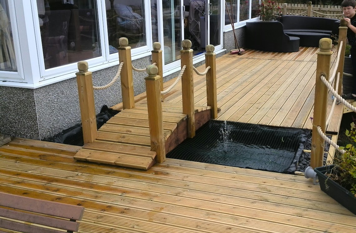 Looking up the decking over the pond